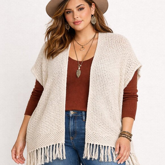 torrid Sweaters - torrid Cream Ruana Soft Knitted Wrap Shawl Kimono Boho Fringe Trim Size‎ 1- NWOT